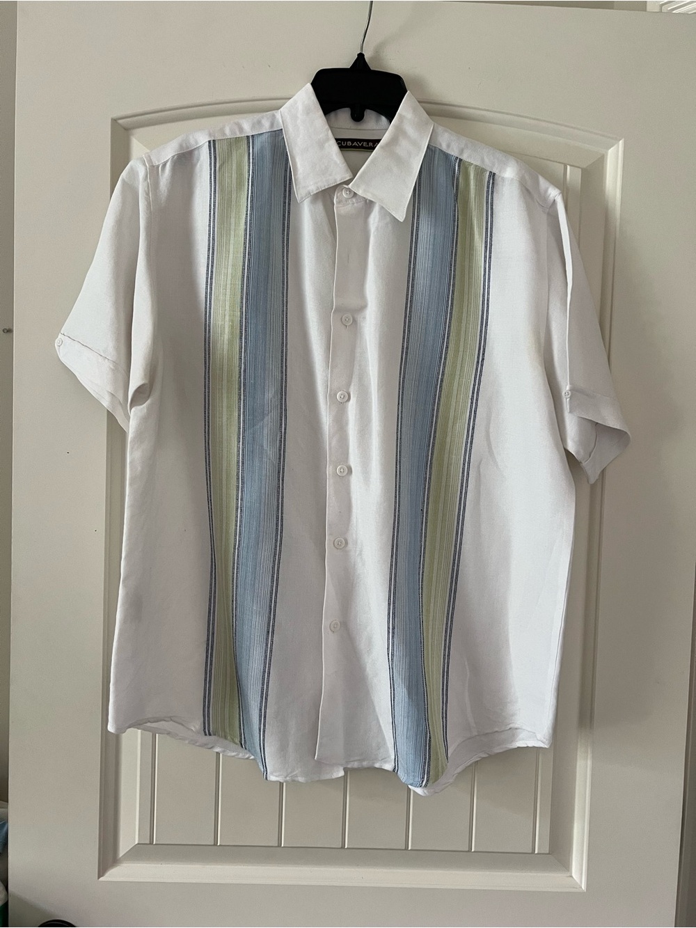 Cubavera Size Large Short Sleeve Button-Up Shirt White/Green/Blue Stripes Ramie